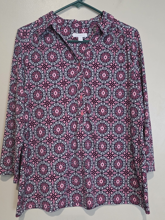 Charter Club Tops - Charter Club Pink and Black Patterned Button-Down Tunic Office Casual 3/4 Sleeve
